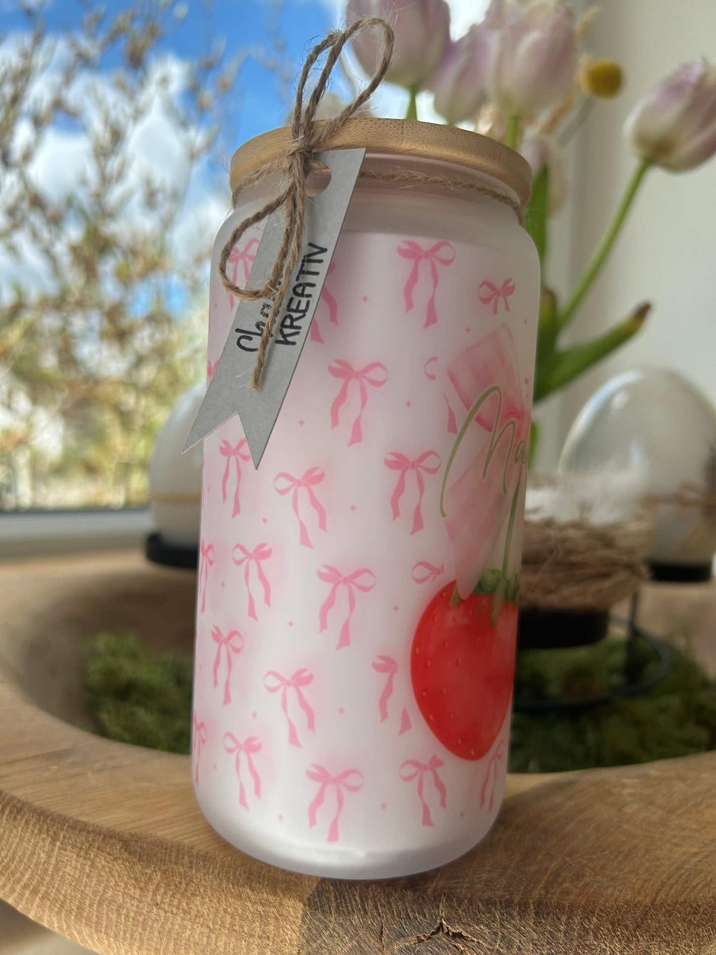 Trinkglas mit Deckel & Strohhalm, Kirsche Erdbeere Design, personalisiert