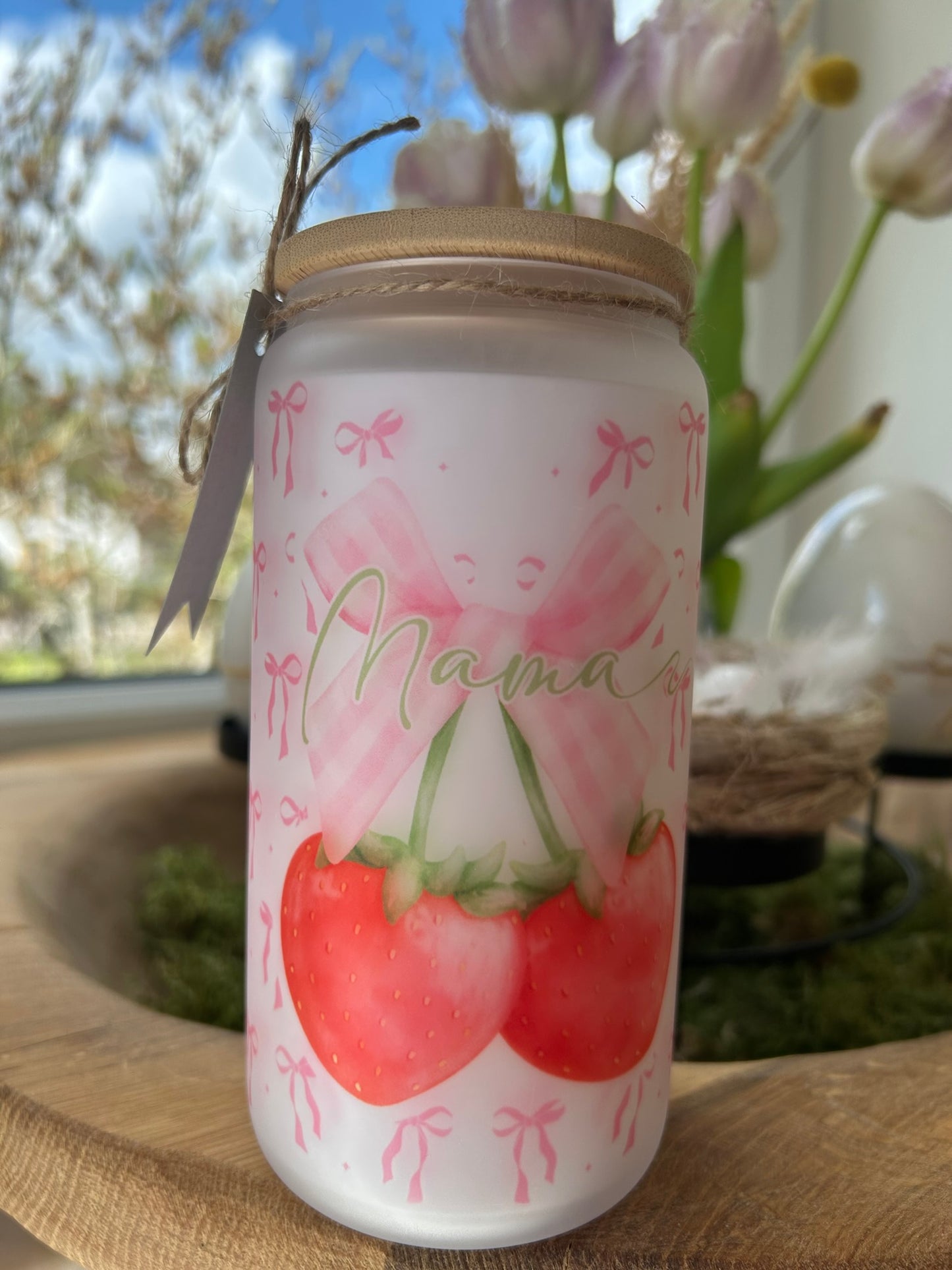 Trinkglas mit Deckel & Strohhalm, Kirsche Erdbeere Design, personalisiert