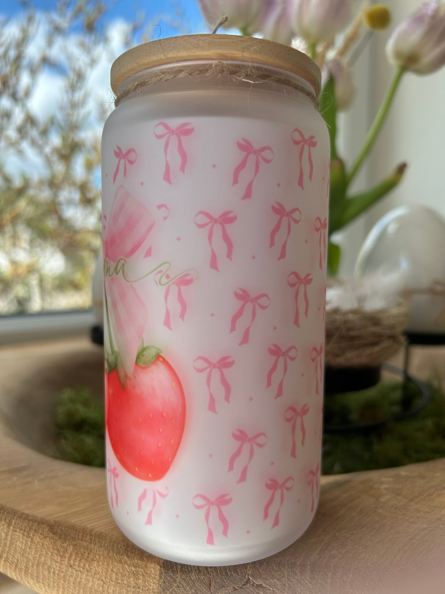 Trinkglas mit Deckel & Strohhalm, Kirsche Erdbeere Design, personalisiert
