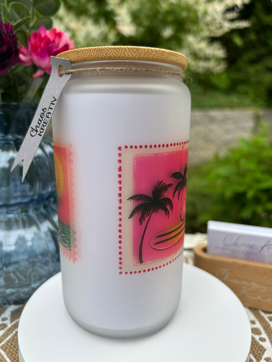 Trinkglas mit Deckel & Strohhalm, 90er Retro Design