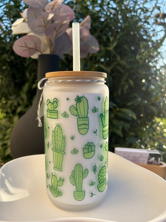 Trinkglas mit Deckel & Strohhalm I Kaktus