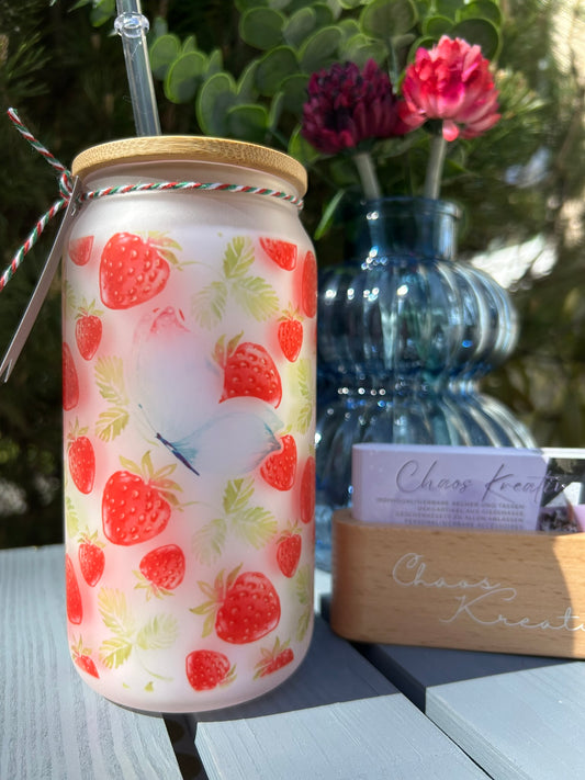 Trinkglas mit Strohhalm & Deckel I Erdbeeren