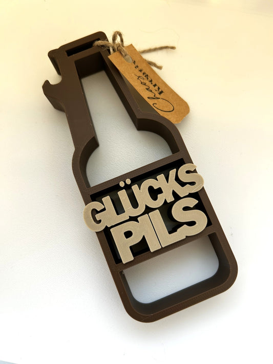 Flaschenöffner 3D I "Glückspils" I Schriftzug - Statement Spruch I Geschenk für Männer oder zum Vatertag