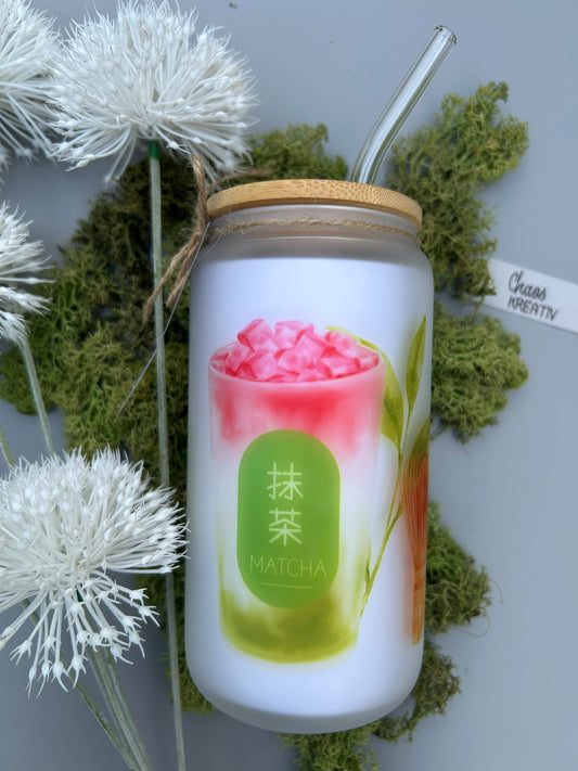 Trinkglas mit Deckel & Strohhalm I Matcha