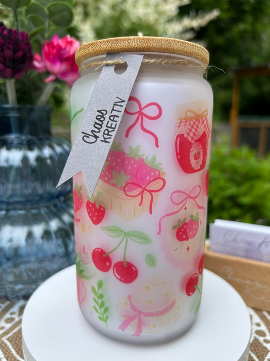 Trinkglas mit Strohhalm & Deckel I Erdbeeren