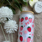 Erdbeere Schleife Gänseblümchen, Sommer Trinkglas mit Bambusdeckel und Strohhalm, Cute Aesthetic Kawaii Style, modernes Design, UV-DTF Folien, Mattes Glas mit Strohhalm