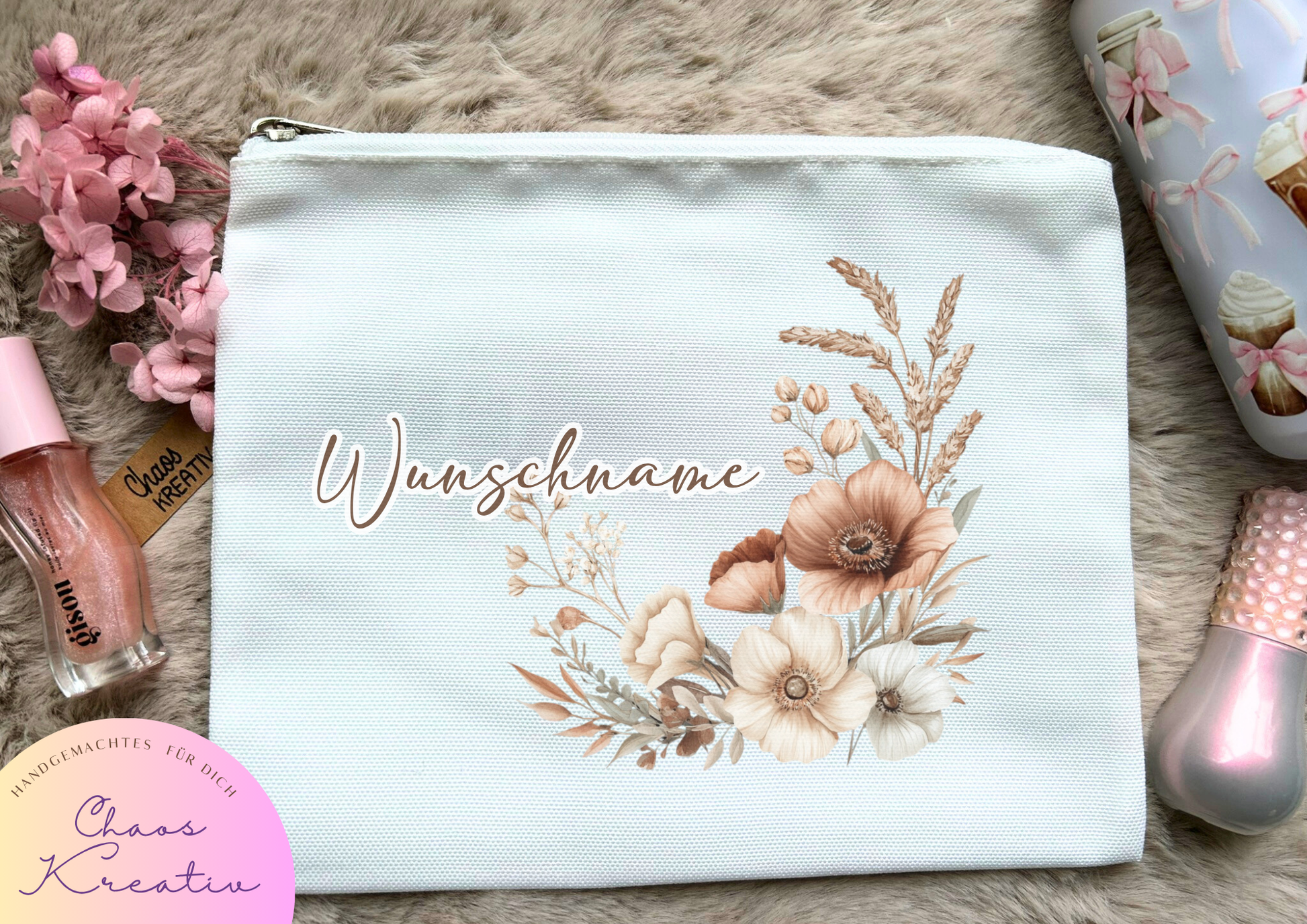 Personalisiertes Boho Kosmetiktäschchen mit Namen – perfekt für unterwegs, aus strapazierfähigem Polyester, brillante Farben durch Sublimationsdruck, geeignet für Make-up, Pflegeprodukte oder als Geschenk für Frauen.