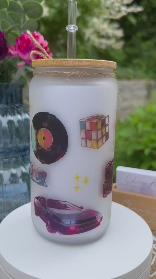 Trinkglas mit Deckel & Strohhalm, 90er Pop Design