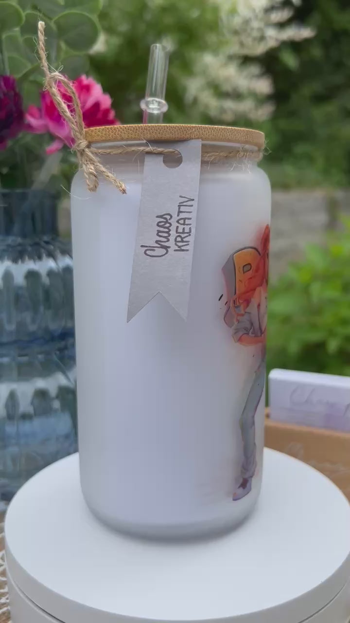 Trinkglas mit Deckel & Strohhalm, 90er Pop Design
