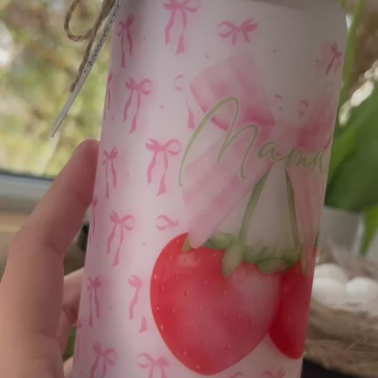 Trinkglas mit Deckel & Strohhalm, Kirsche Erdbeere Design, personalisiert