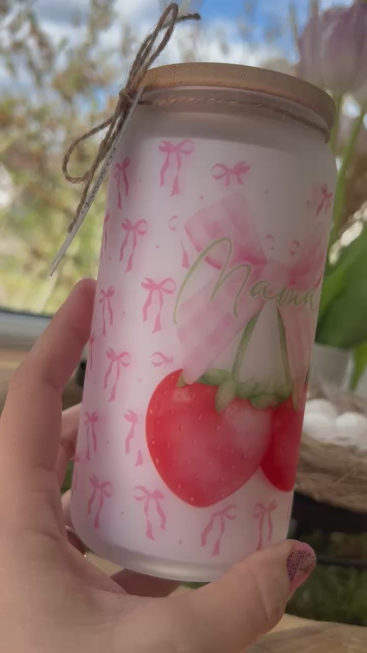 Trinkglas mit Deckel & Strohhalm, Kirsche Erdbeere Design, personalisiert