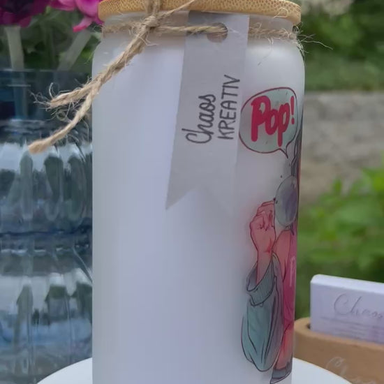 Trinkglas mit Deckel & Strohhalm, 90er Pop Design