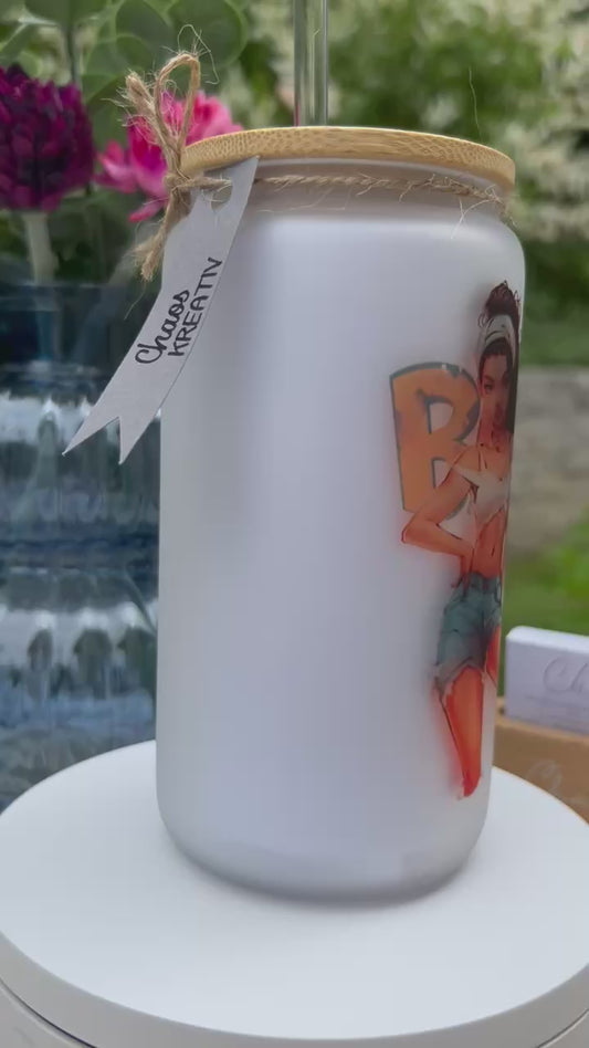 Trinkglas mit Deckel & Strohhalm, 90er Pop Design