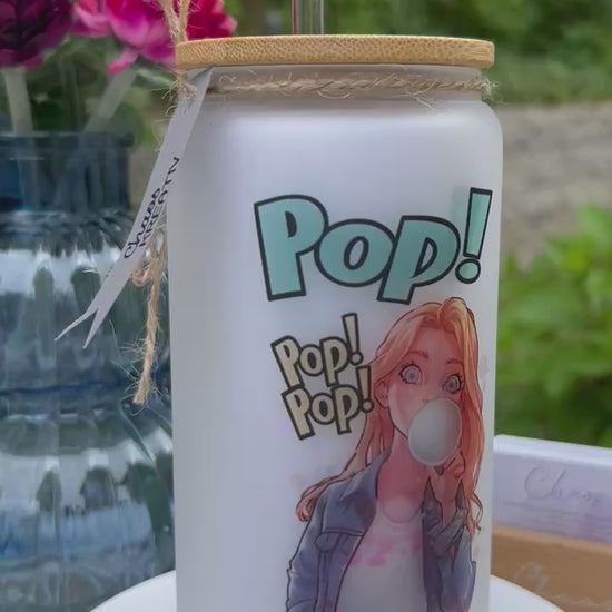 Trinkglas mit Deckel & Strohhalm, 90er Pop Design