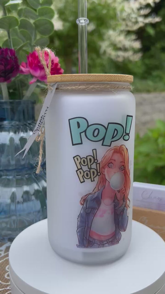 Trinkglas mit Deckel & Strohhalm, 90er Pop Design